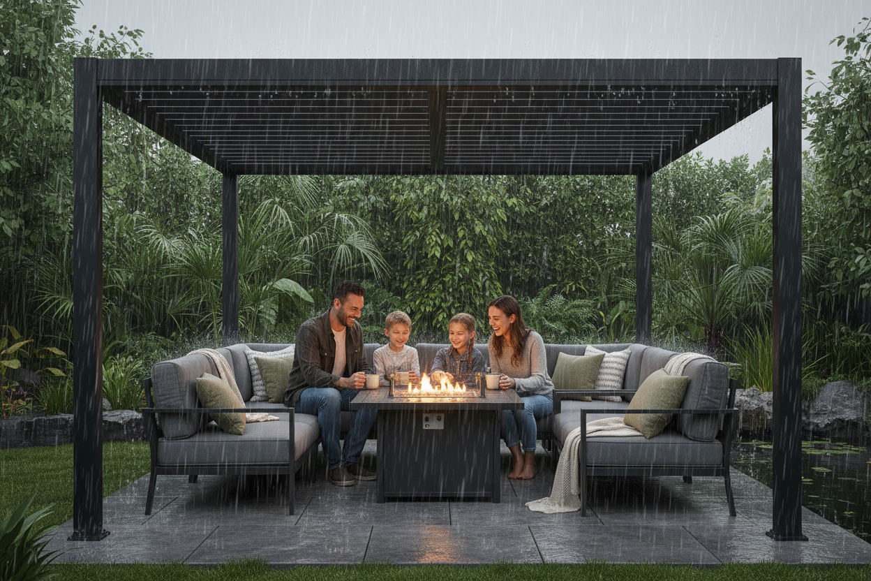 Family dining under a Pergolast pergola